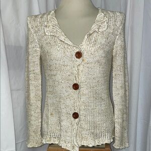 BCBG Max Azria Boho Wooden Button Front Ruffle Knit Button Down Cardigan Sweater
